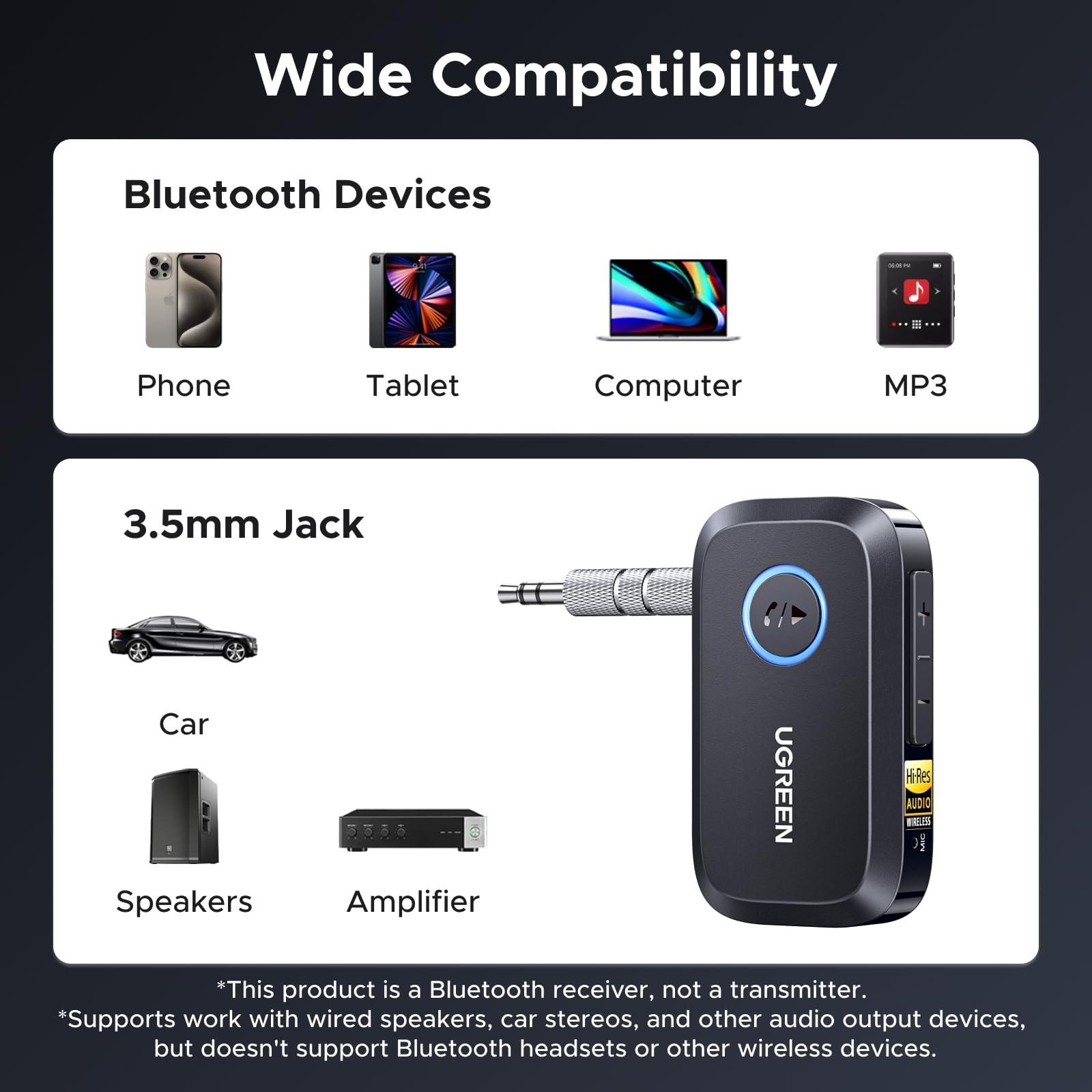 Bluetooth 6.0 Receiver for Car with LDAC, AI Noise Cancelling 3.5mm AUX B