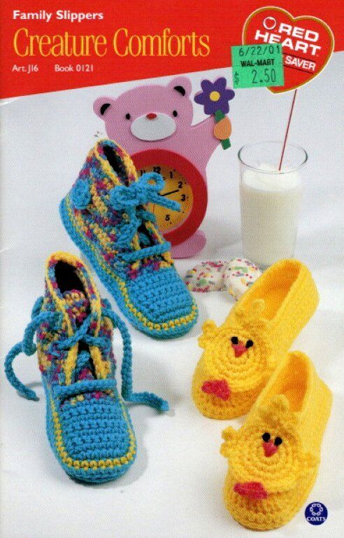 RED HEART CROCHET & KNIT CREATURE COMFORTS FAMILY SLIPPERS 5 DESIGNS