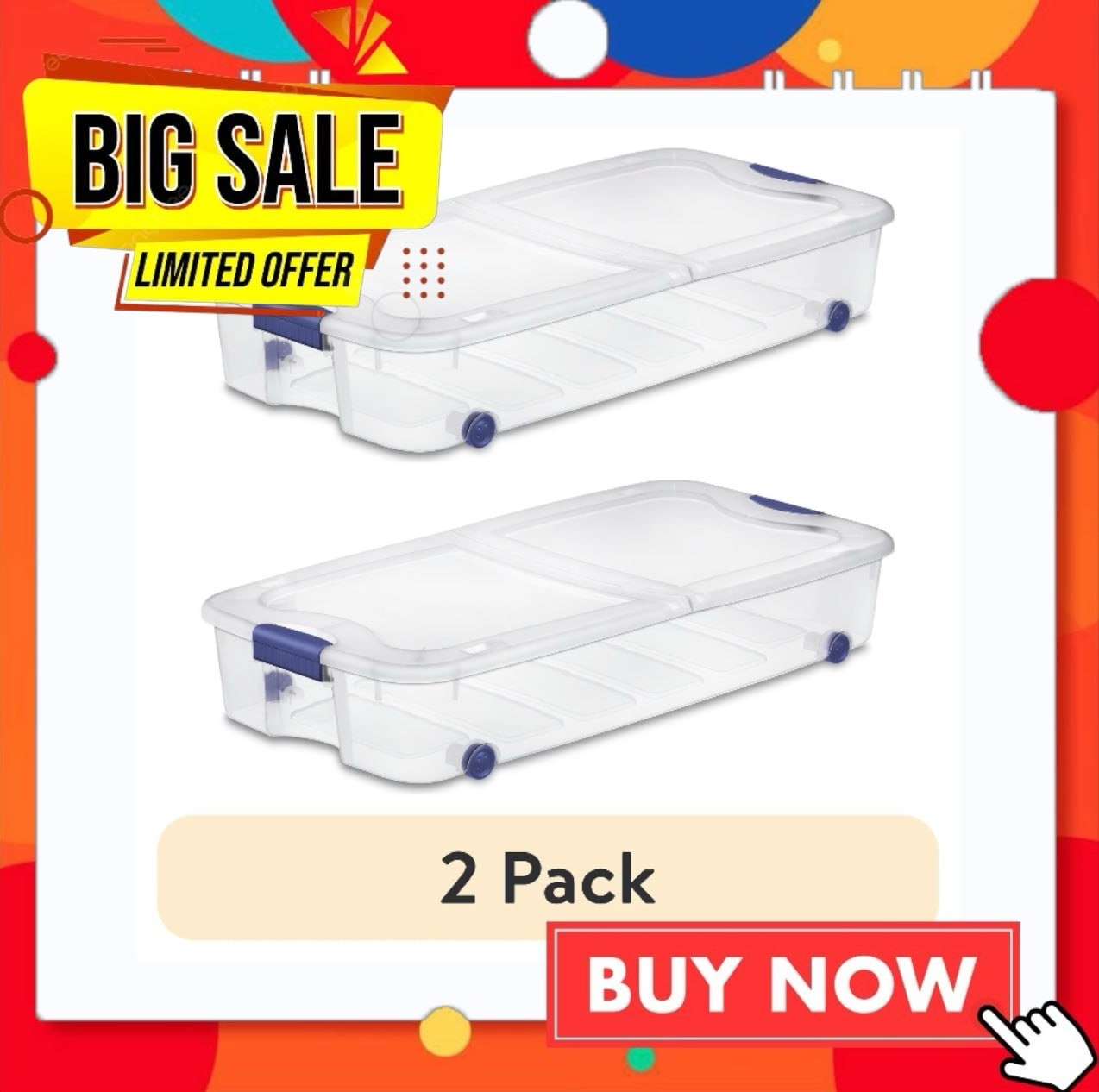 2PC 66QT Wheeled Storage Clear Plastic Storage Container with Latch Lid Blue