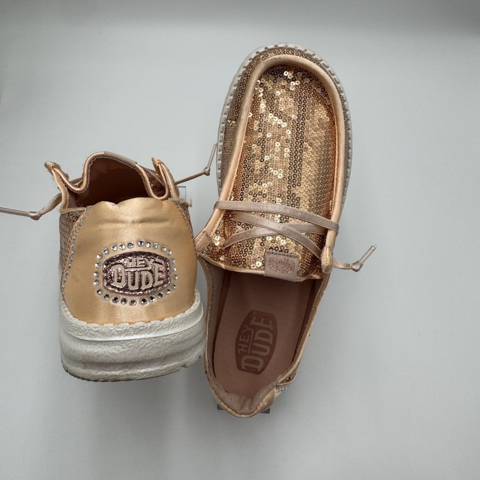 Hey Dude Women Size W9 Wendy Sequin Blush Slip On Shoes Rose Gold Rhinestone