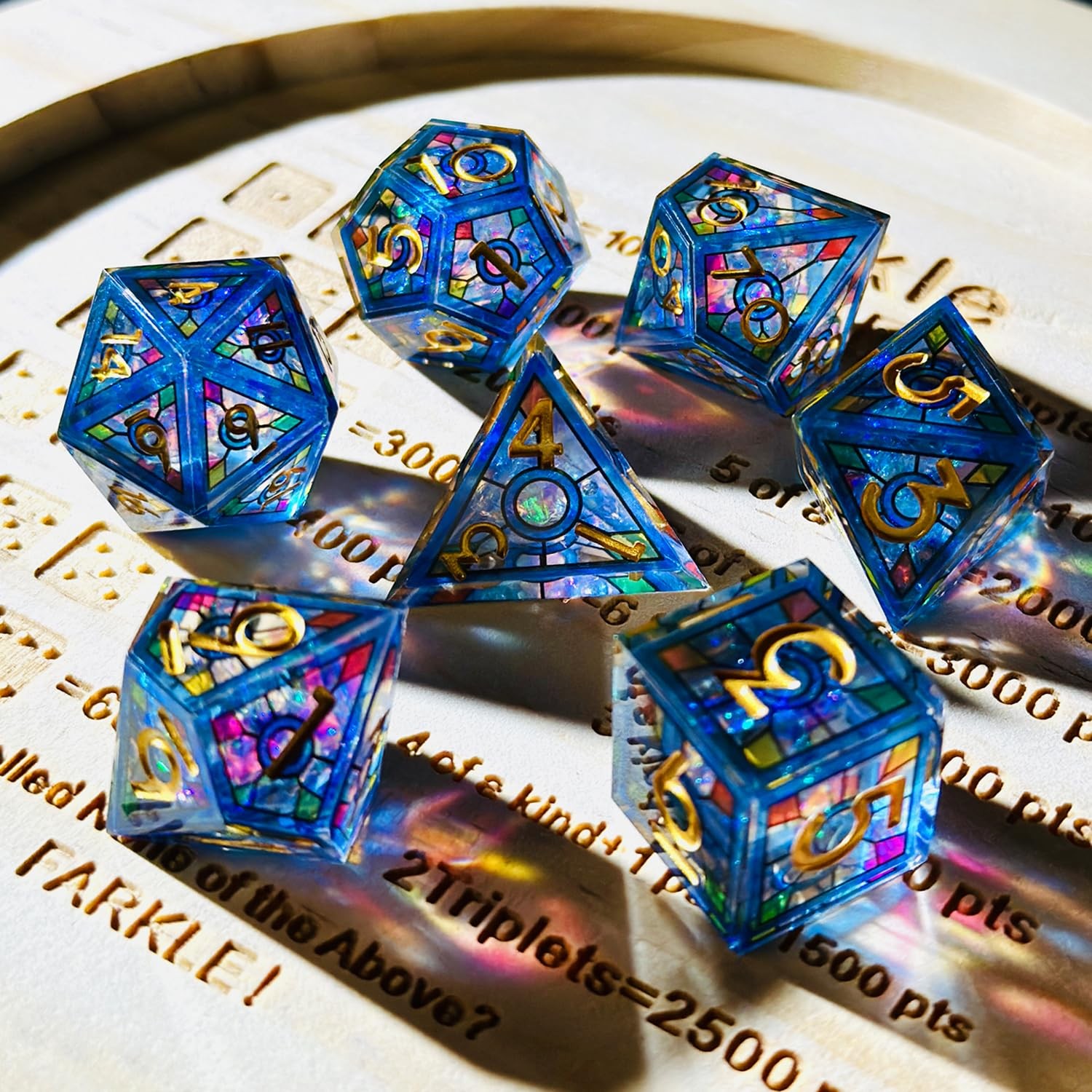 Double Layered Resin Dice Set 7pcs/ Stained Glass Effect & Gold Numbers/Sharp...