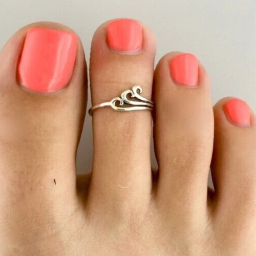 Solid Metal 925 Silver Women's 3 Wave Full Band Toe Ring 14k White Gold Plated