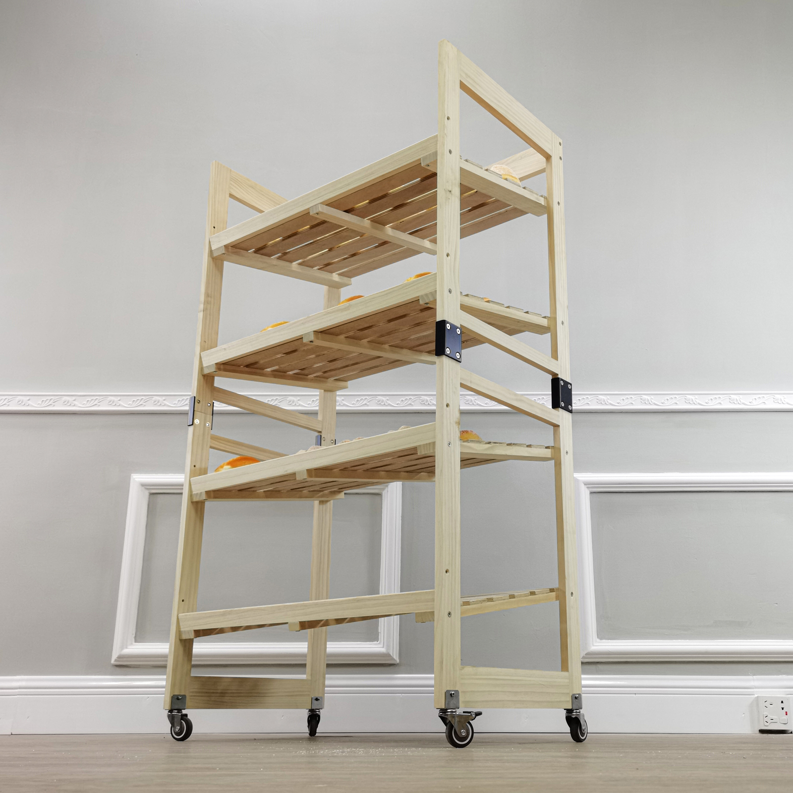 Bakery Bread Rack with Angled Shelves Wooden Display Rack Bread Store Rack