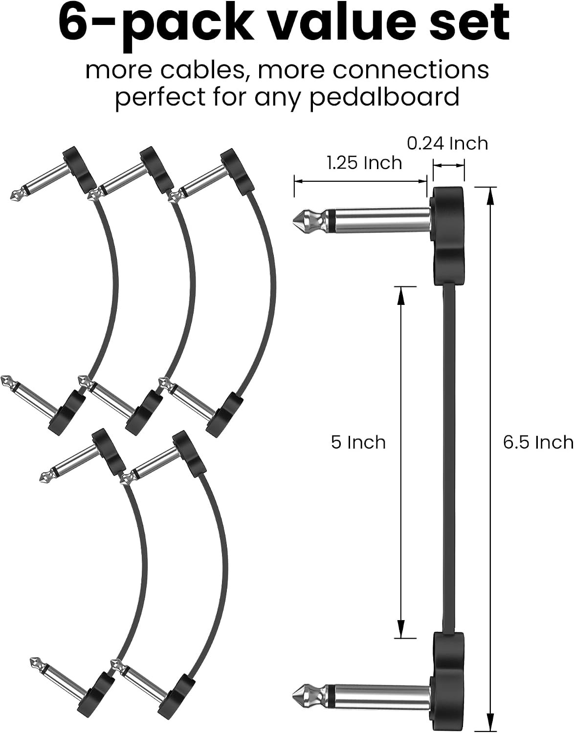 6 Pack Guitar Patch Cables, 5 Inch, 1/4" TS Right Angle Guitar Cable, Low Profil