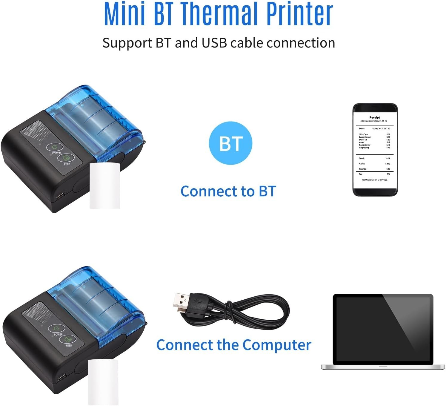 Receipt Printer, Portable Mini Thermal Receipt Printers USB Receipt Bill Tick...