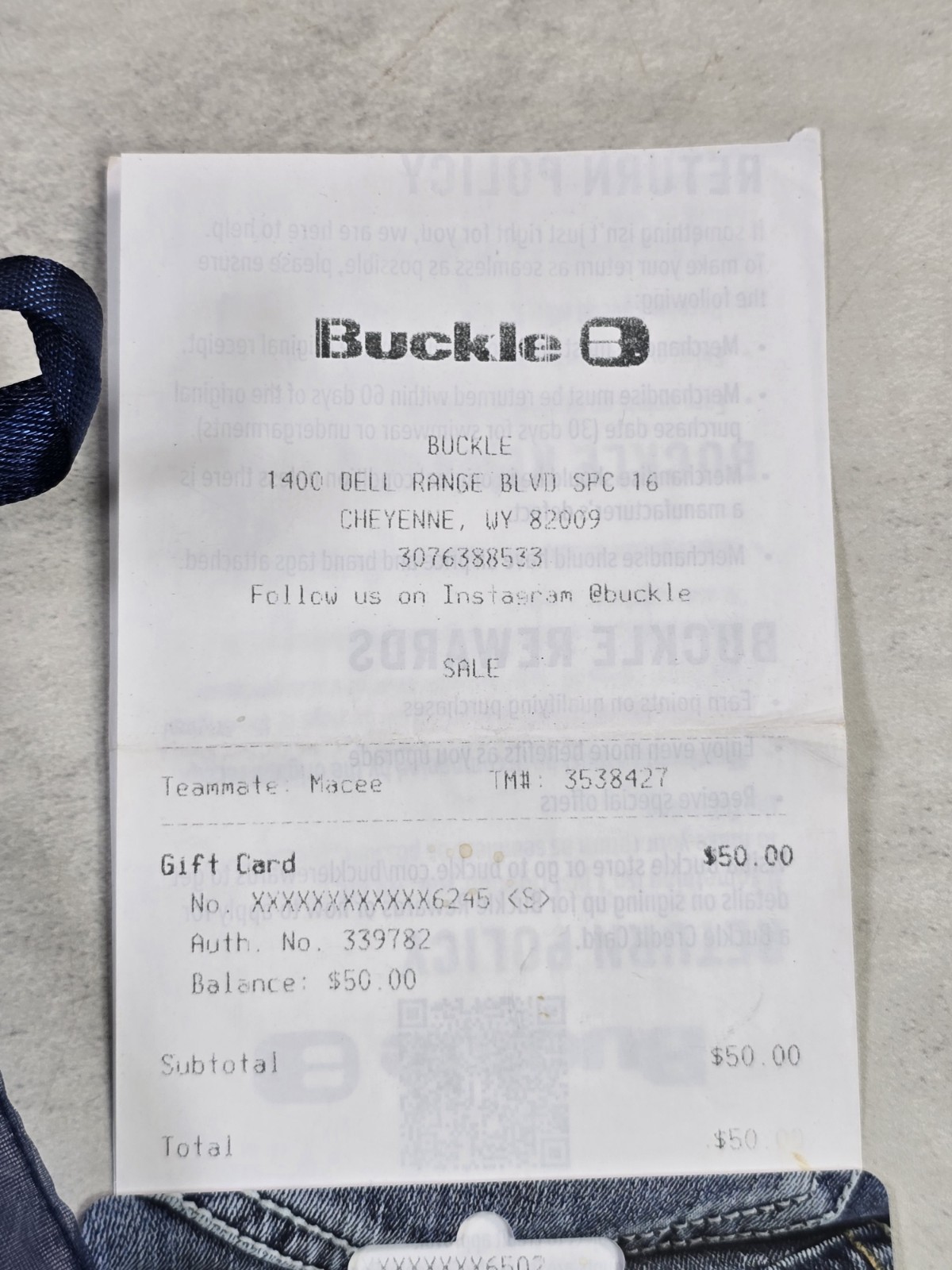 Buckle Clothing Gift Card $50 Value Receipt Blue
