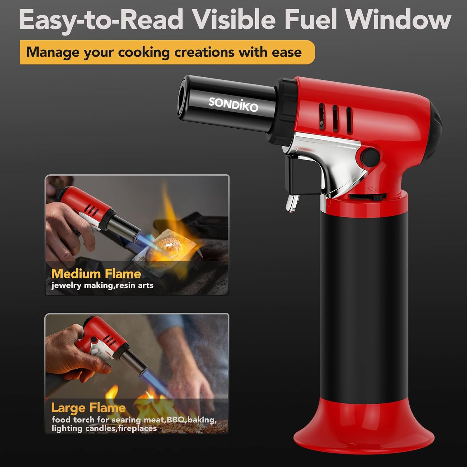 Butane Torch Lighter with Visible Fuel Window, Refillable Soldering Torch with A
