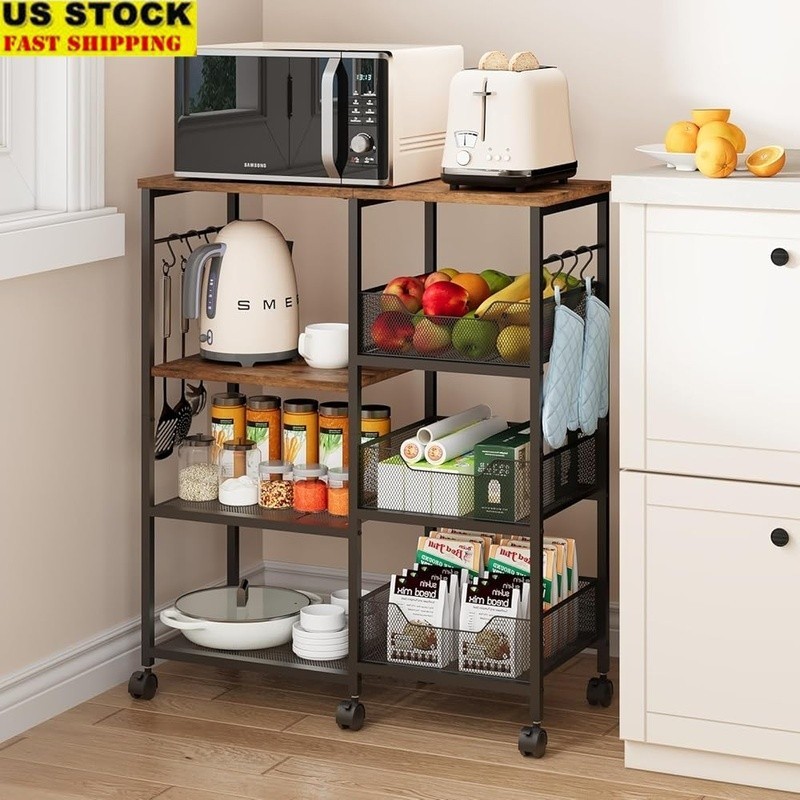 Rolling Kitchen Island Cart W/ Storage Multi Tier Shelves Coffee Station Hooks