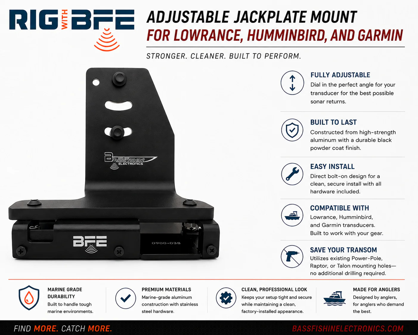 BFE Adjustable Jackplate Mount for Lowrance, Garmin, Humminbird