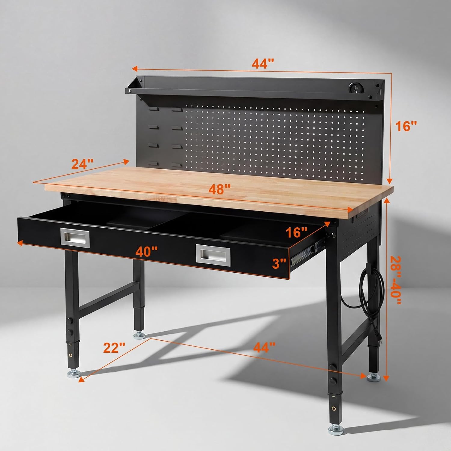 48" Adjustable Work Bench with Drawers Workbench for Garage with Strip Light