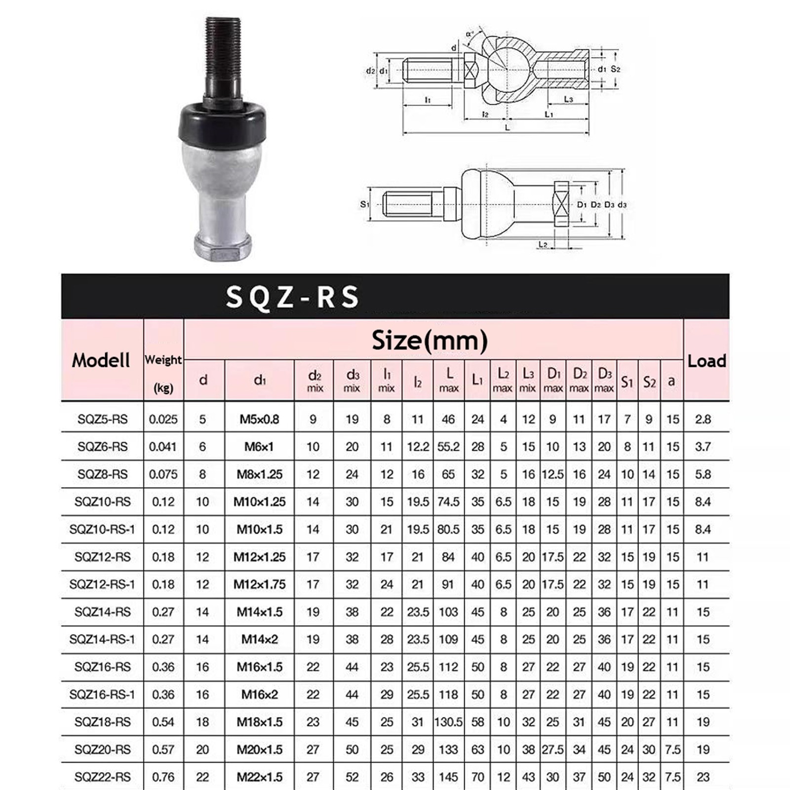 Male To Female Bolt Straight Shape Ball Joint Rod End Bearing SQZ M5 M6 M8 - M22