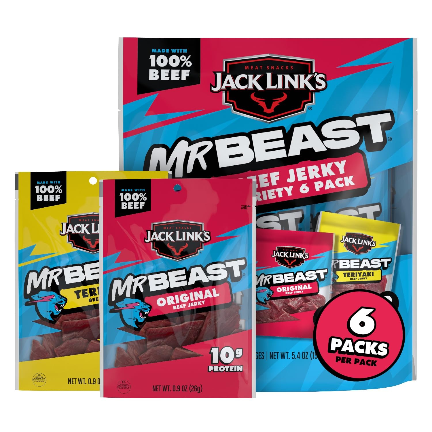 x MrBeast Beef Jerky, Original & Teriyaki Beef Jerky Variety Pack - (6 Pack) ...