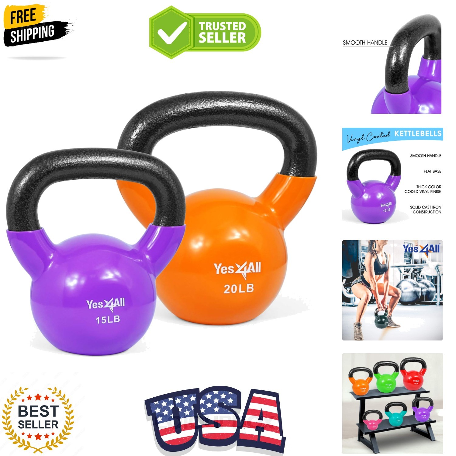 Kettlebell, Vinyl Coated Kettlebell Cast Iron Sets with Stable Flat Bottom fo...