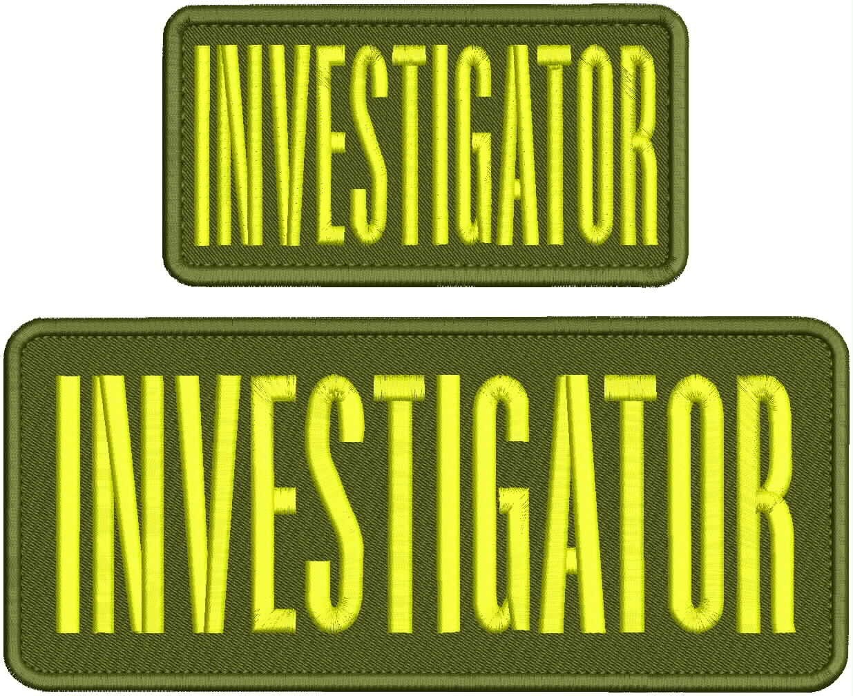INVESTIGATOR  EMBROIDERY PATCHES 4X10 AND 3X6 HOOK ON BACK  YELLOW ON OD GREEN