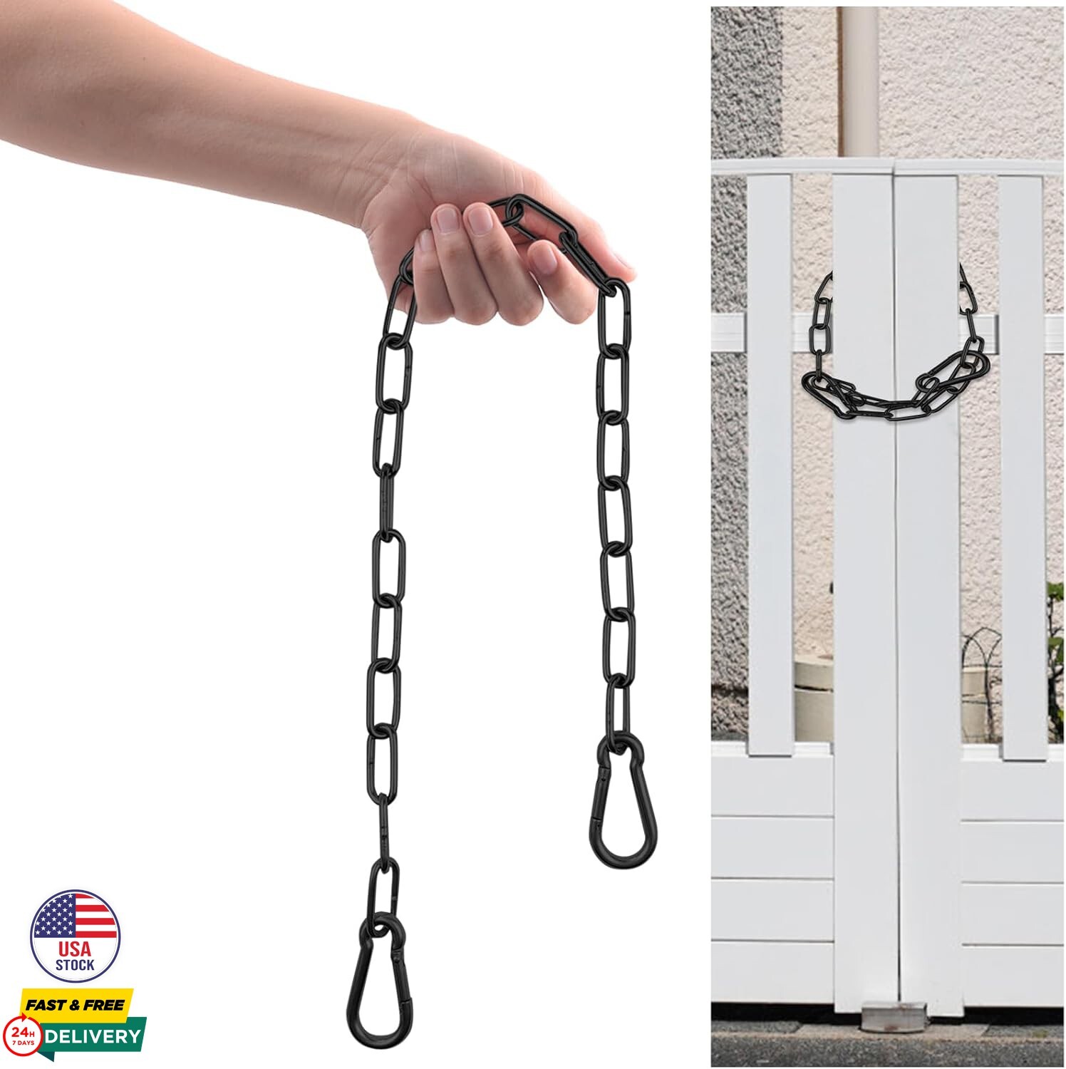 Gate Chain Lock 20" with Carabiners Black Latch for Outdoor Fence Dog Cage Stall