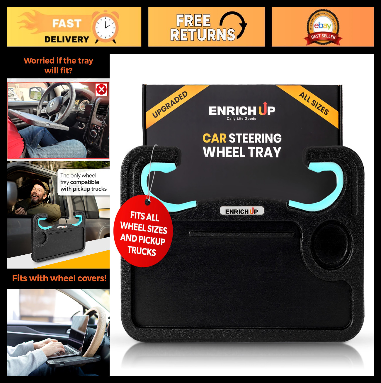 2-in-1 Car Steering Wheel Tray Table & Desk - Laptop, Meals, Cup Holder, Travel