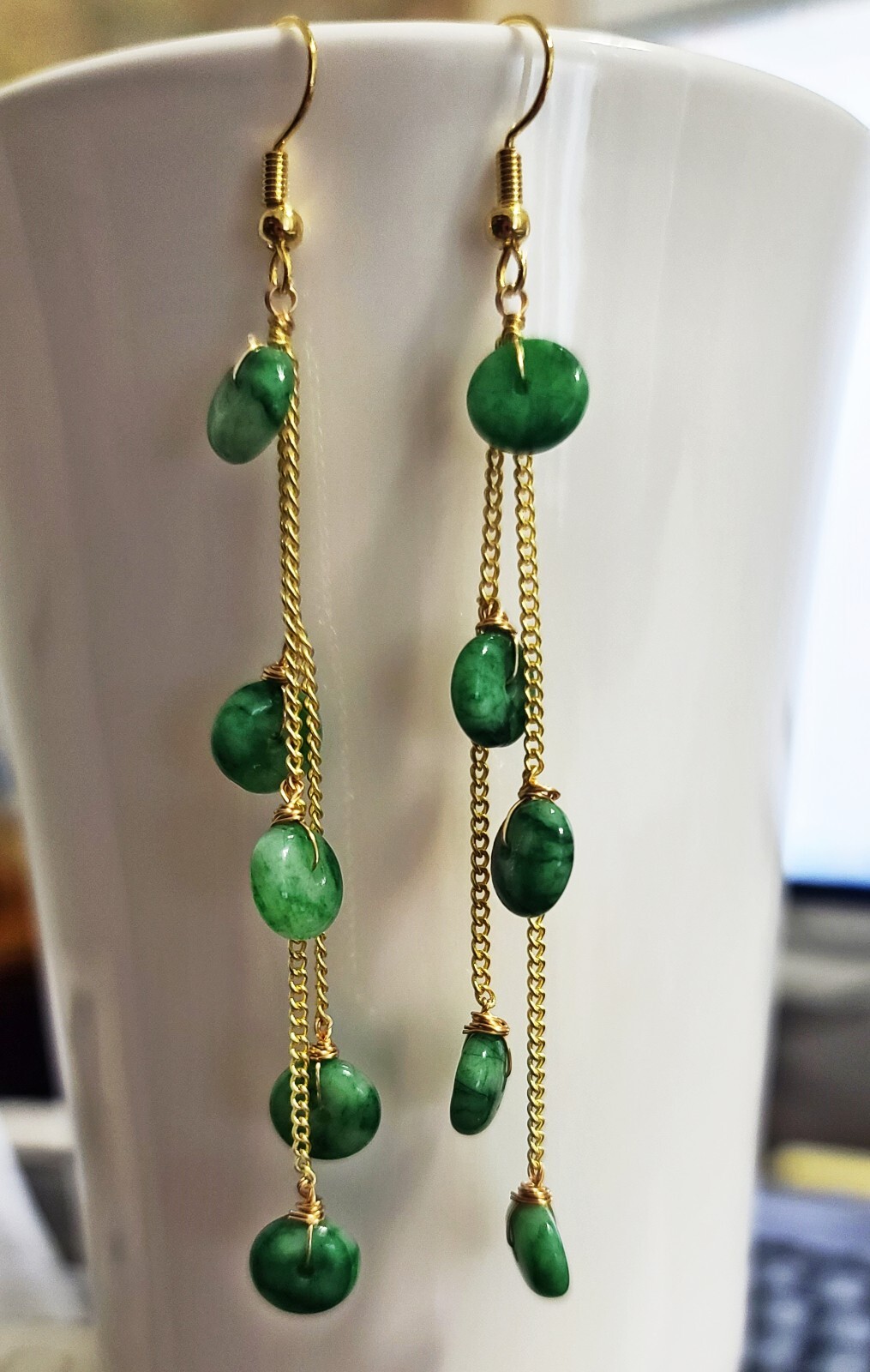 Green Natural Jadeite, 14k gold filled, Donut Tassels, Eardrop Earrings,  110