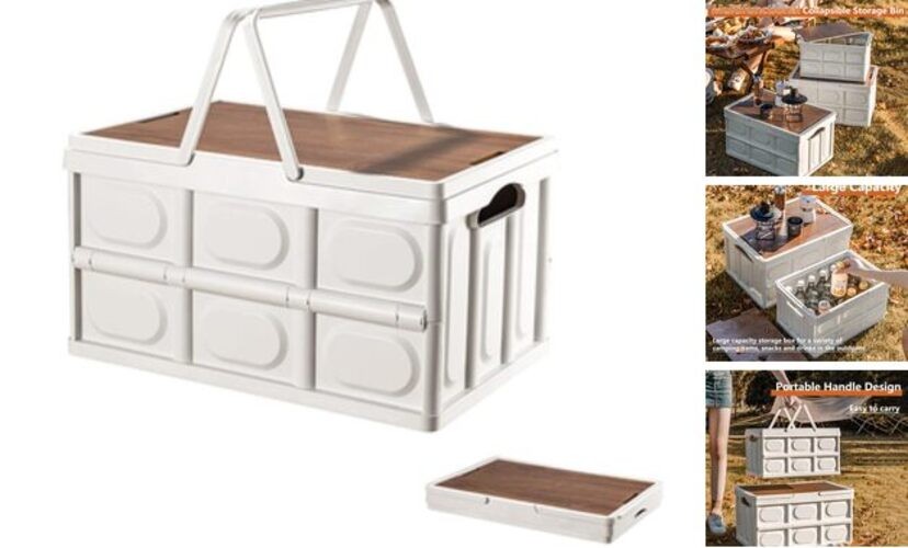 Collapsible Storage Bin with Handles and Wooden Lid, Large Capacity 30L/7.9Gal
