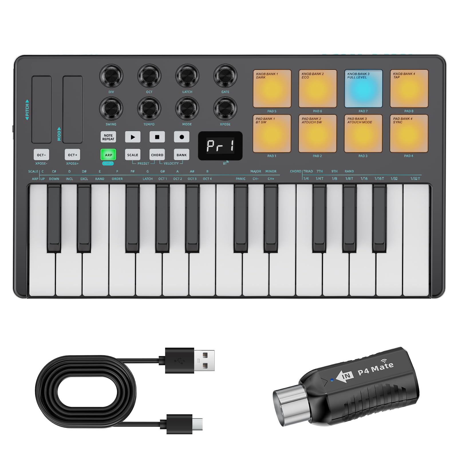 BEEONE 25 Key MIDI Keyboard Controller With 8 RGB Backlit Drum mini, Black
