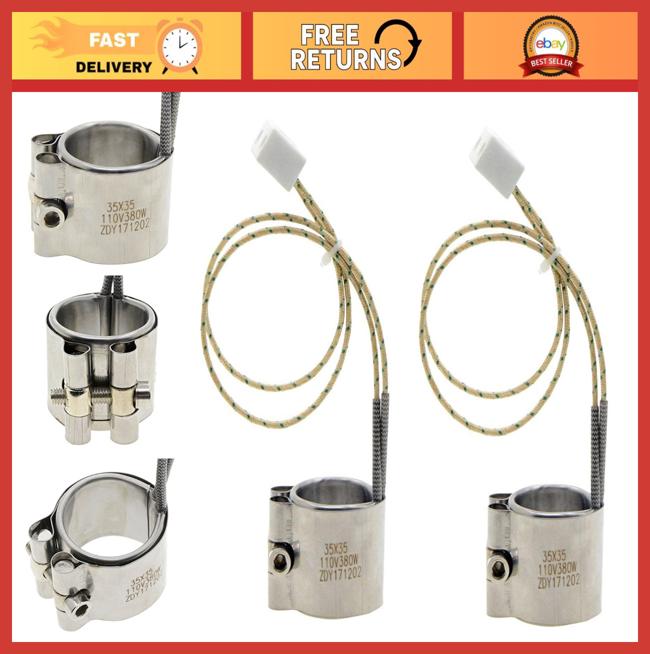 110V 380W Band Heater 35x35mm, High-Performance Mold Heating Element, 2 Pack