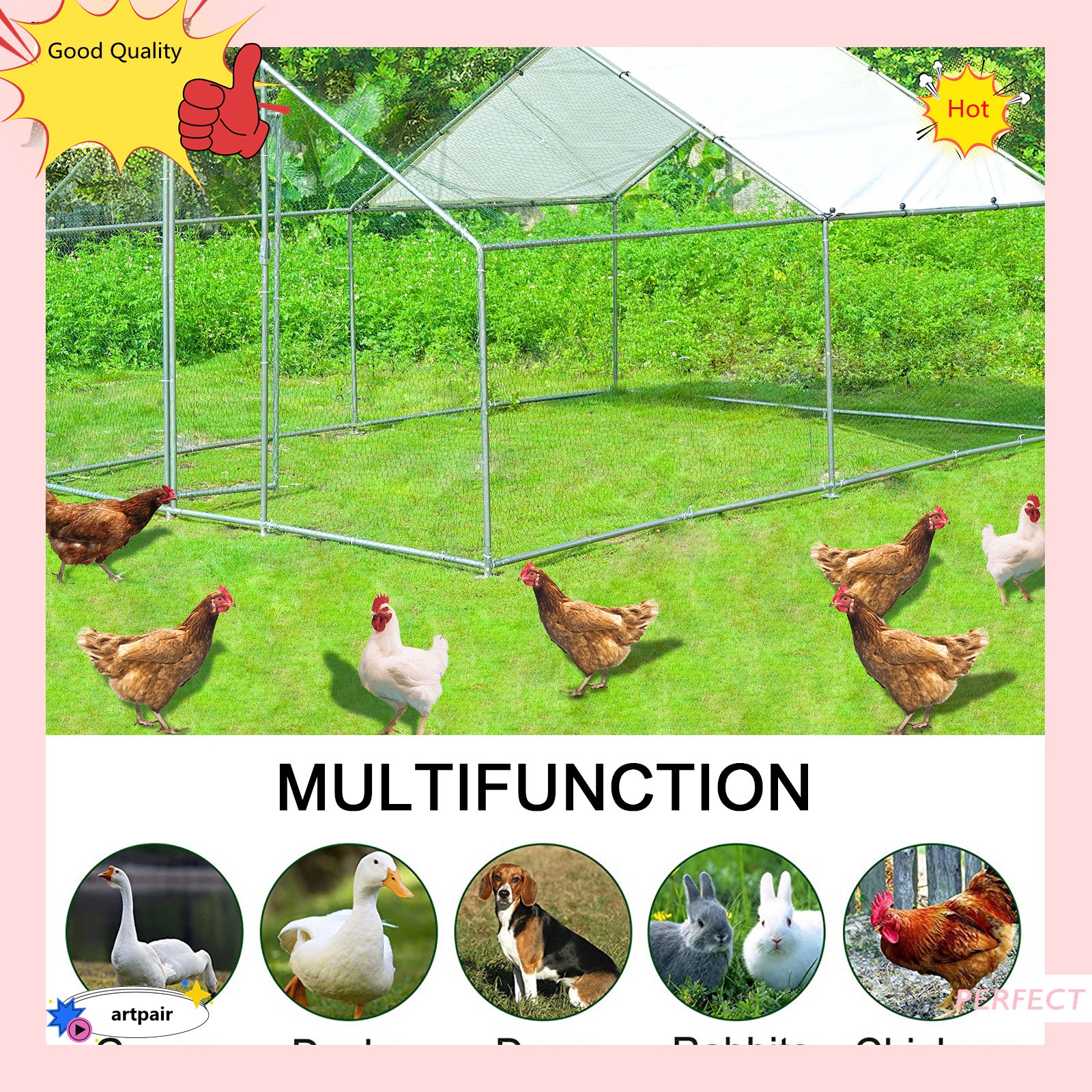 10x13FT Metal Chicken Run Pen Walk-in Cage Poultry Coop Duck Rabbit House &Cover