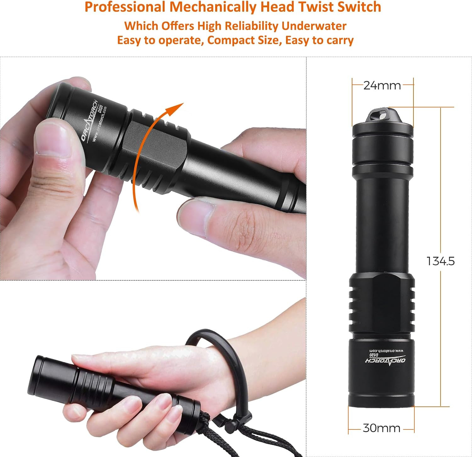 ORCATORCH D520 Scuba Dive Light 1000 Lumens Compact Diving Flashlight IP68 Water