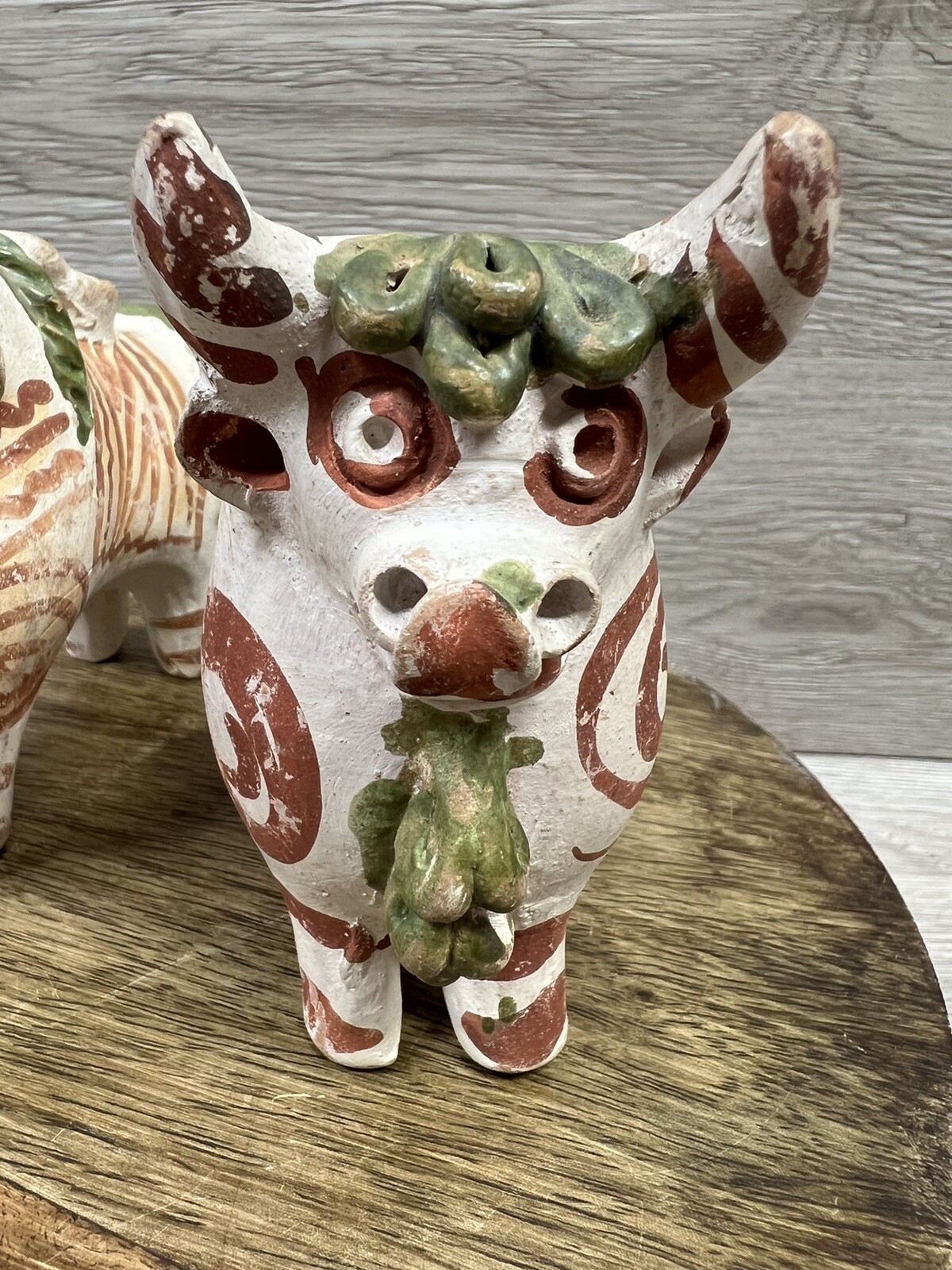VTG Ceramic Peruvian Bull Figurine Handmade Painted Terracotta Clay Sculptures