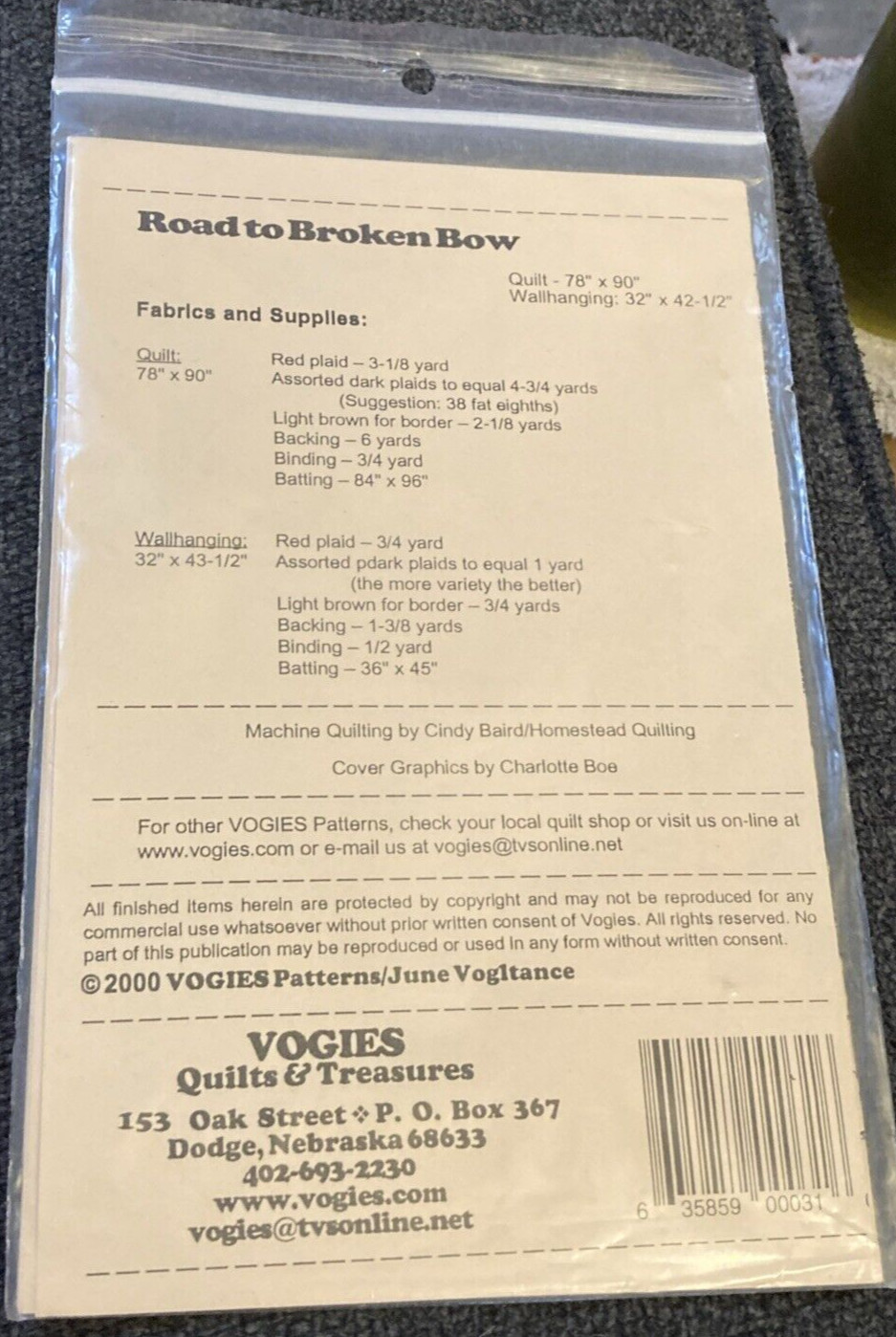 Vtg Rare Vogies Patterns ROAD TO BROKEN BOW Quilt 2000 pattern #VP-031 only