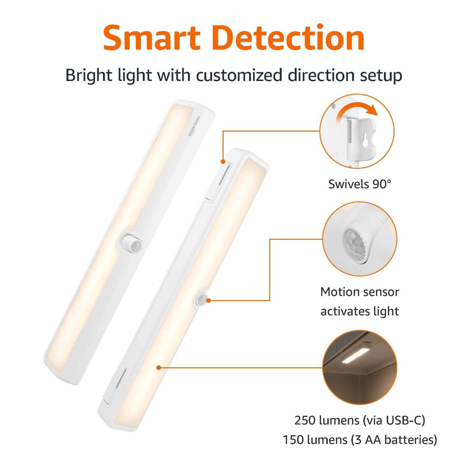 Amazon Basics LED Motion Sensor Light 180 Lumens, 12 inches, 2-pack, White