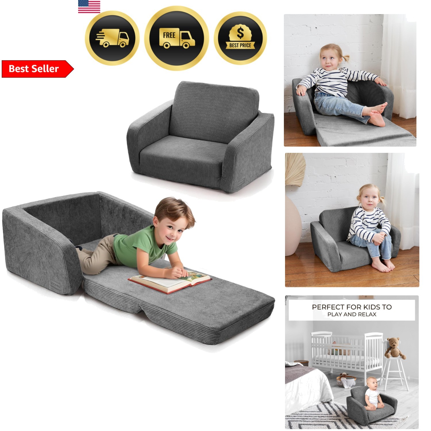 Kids Chair Toddler Couch Foam Seat with Washable Cover Portable 2 in 1
