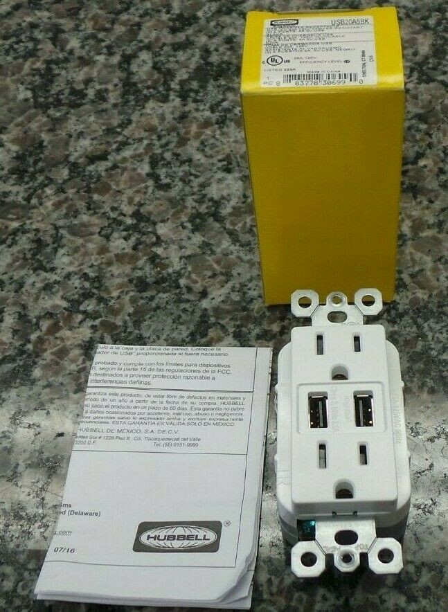 Pack of 1 - Hubbell USB20A5BK USB Charger Receptacle Duplex 20A 125V