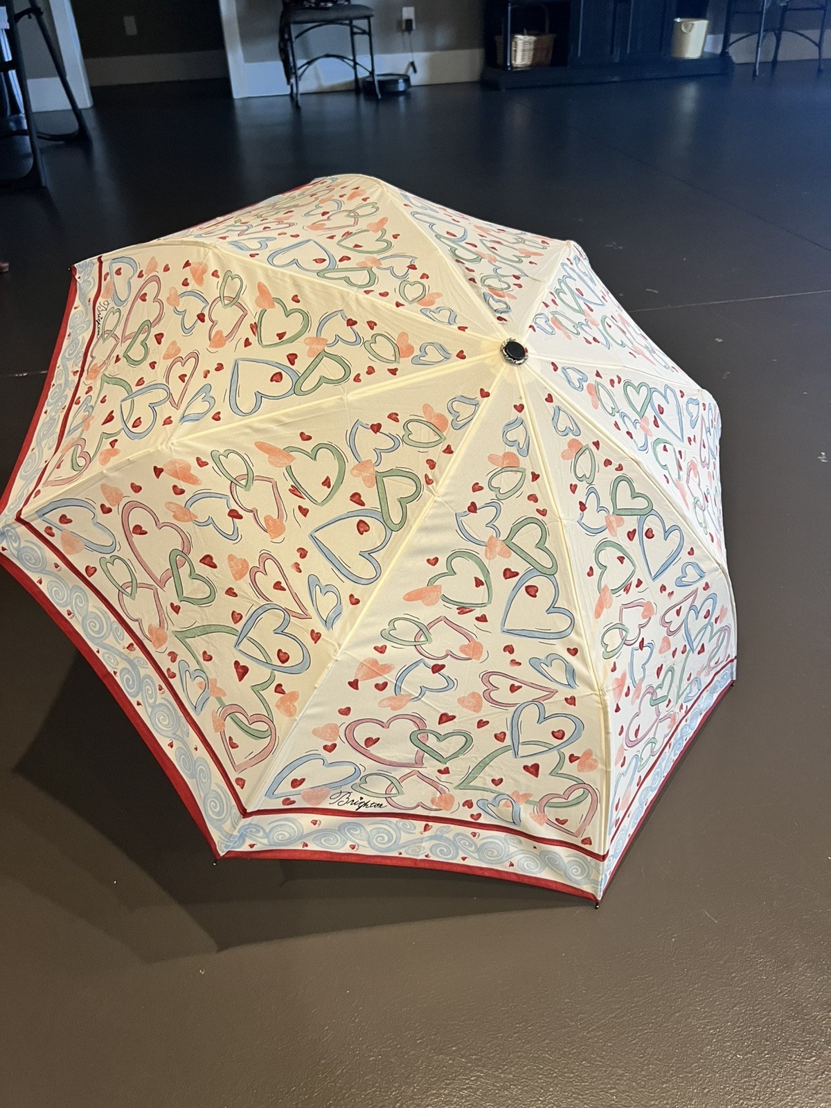 Brighton 34” Heart-Pattern Cream Pocket Retractable Umbrella w/ Slip Case