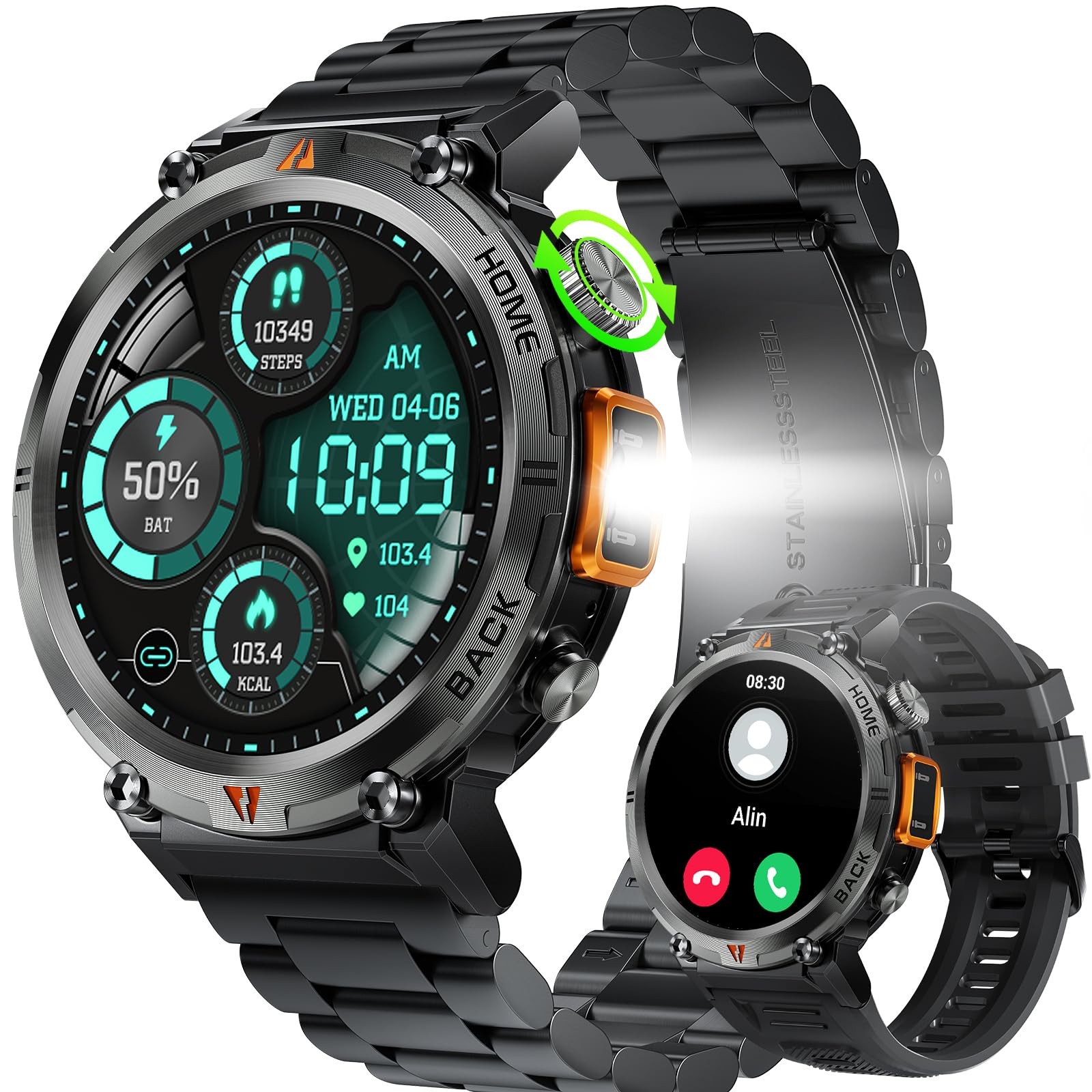 Military Smart Watch for Men OneSize, Black + Extra Stainless Steel Band