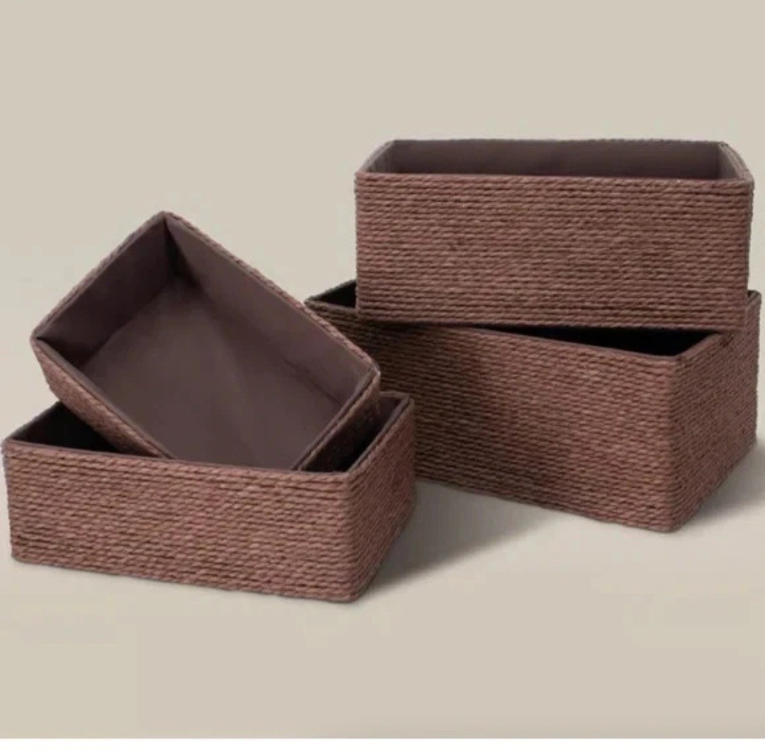 Set of 4 Brown Wicker Rectangular Stackable Woven Storage Baskets, Modern