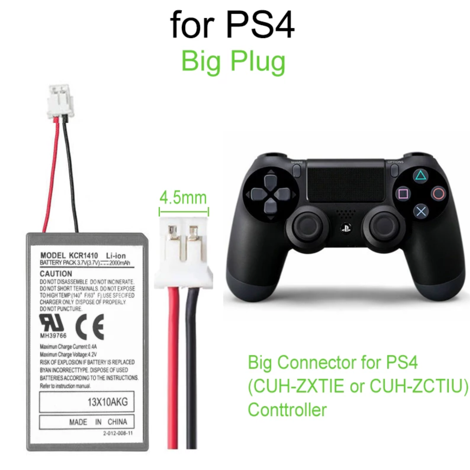 2 Battery 3.7V 1200mAh Compatible Replacement For Sony PS4 Controller Big Plug