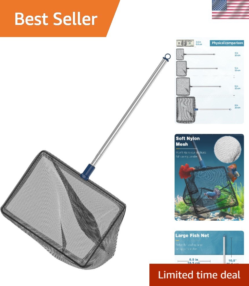 Aquarium and Pond Fish Net - 8" Nylon with 24" Telescopic Stainless Steel Handle