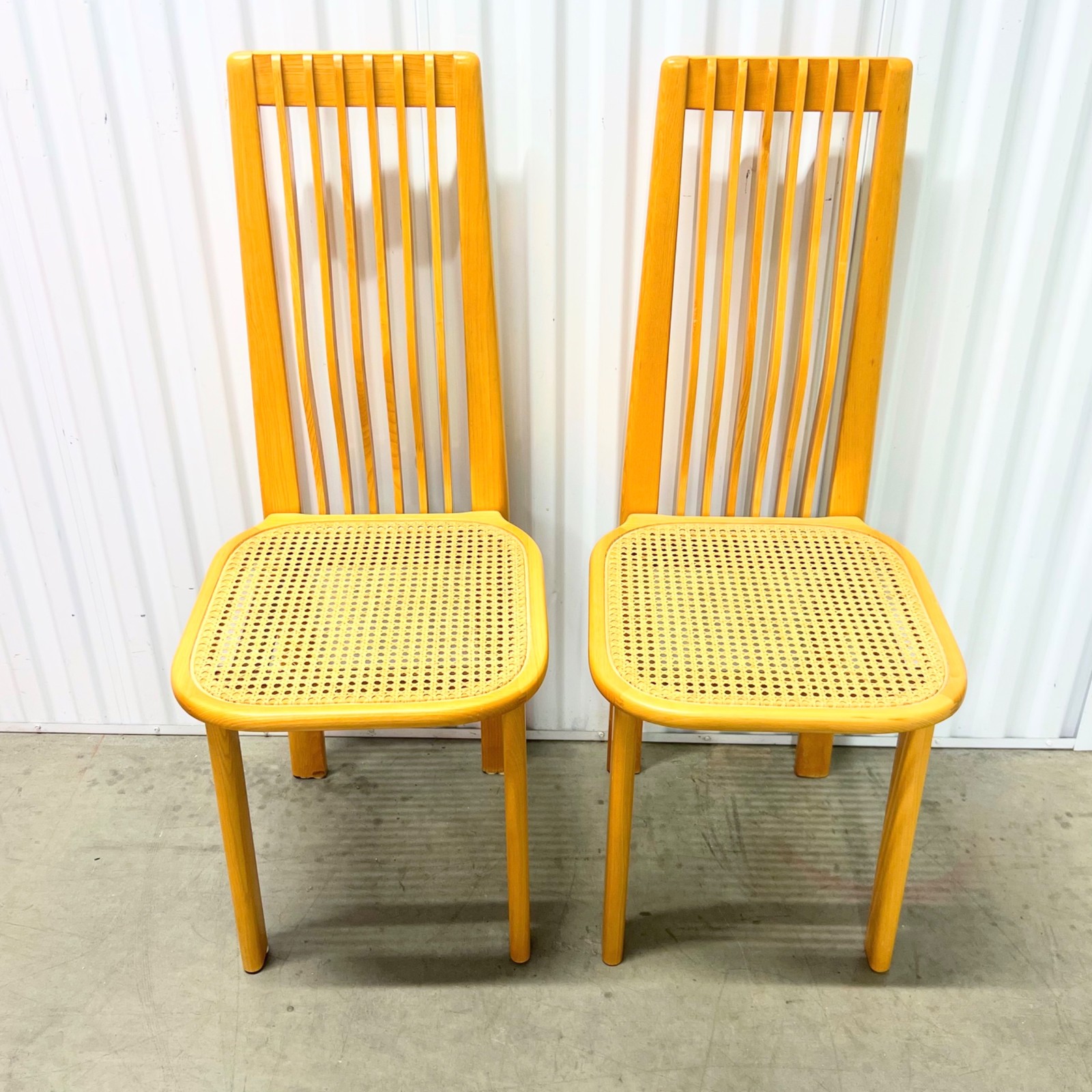 Italian 1970's Set of 2 Maple and Cane Dining Chairs