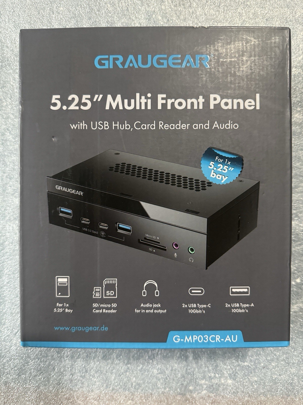 GRAUGEAR 5.25" PC Front Panel USB Hub - 10Gbps USB-C Ports, Dual USB 3.0,