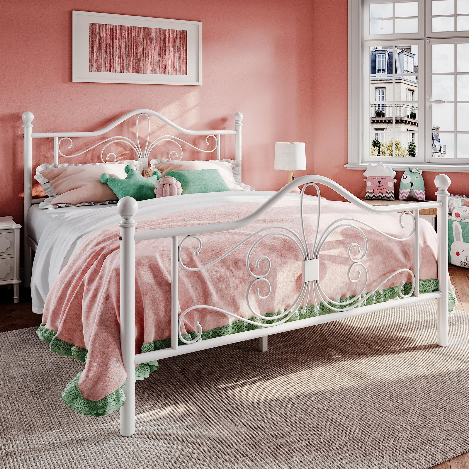 Queen Size Metal Bed Frame White Butterfly Pattern No Box Spring Needed