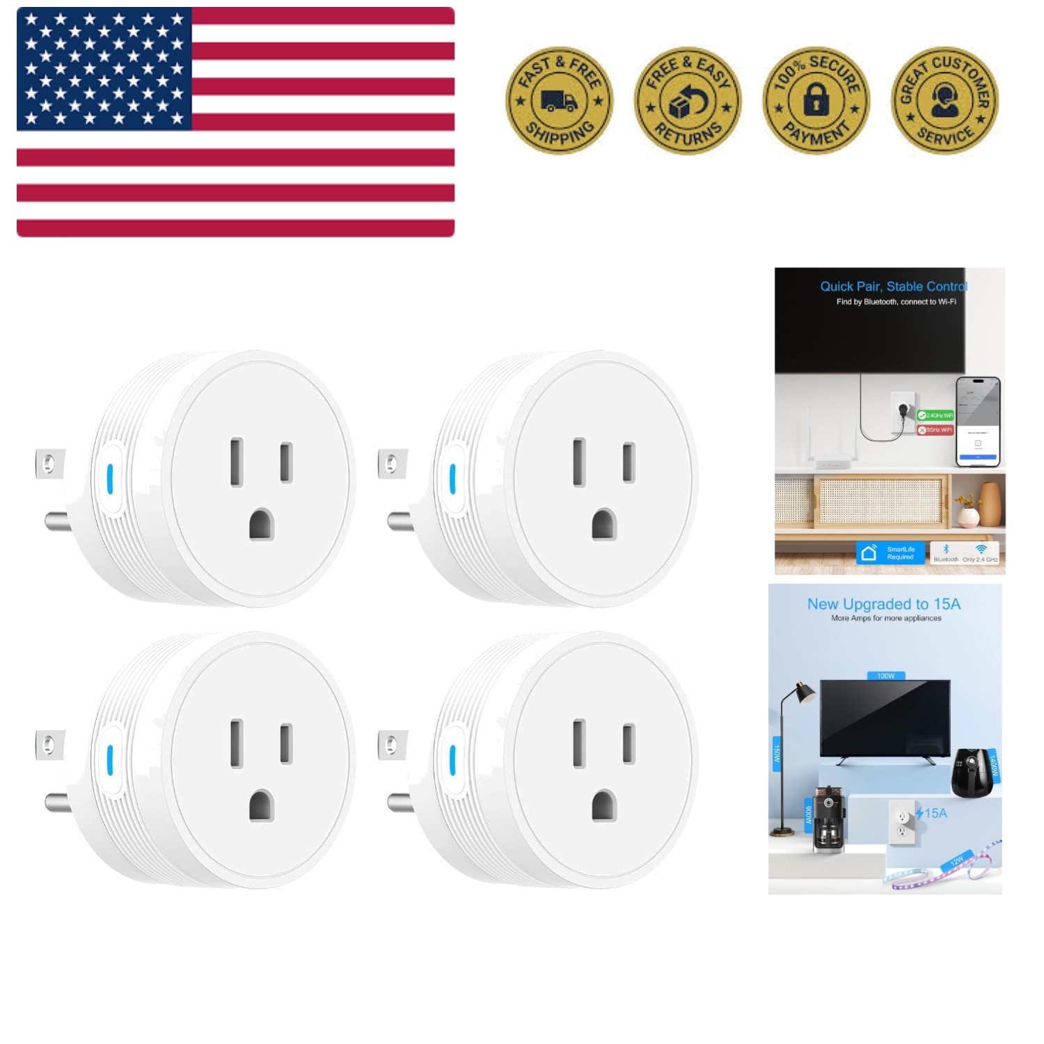 15A Smart Plug, Wi-Fi & Bluetooth Smart Outlet for High-Power Home Appliances...