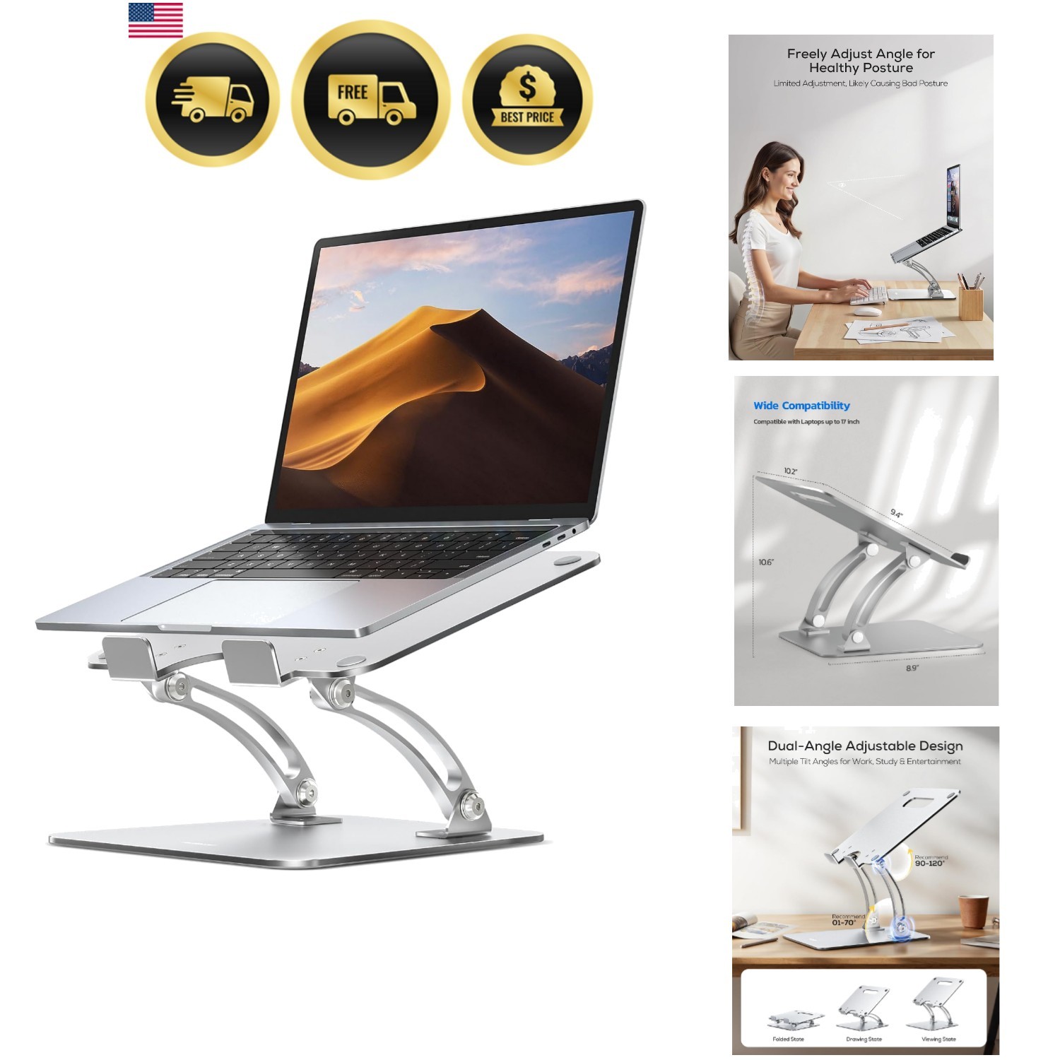 Ergonomic Adjustable Laptop Stand for Desk, Dual Foldable Computer Riser with...