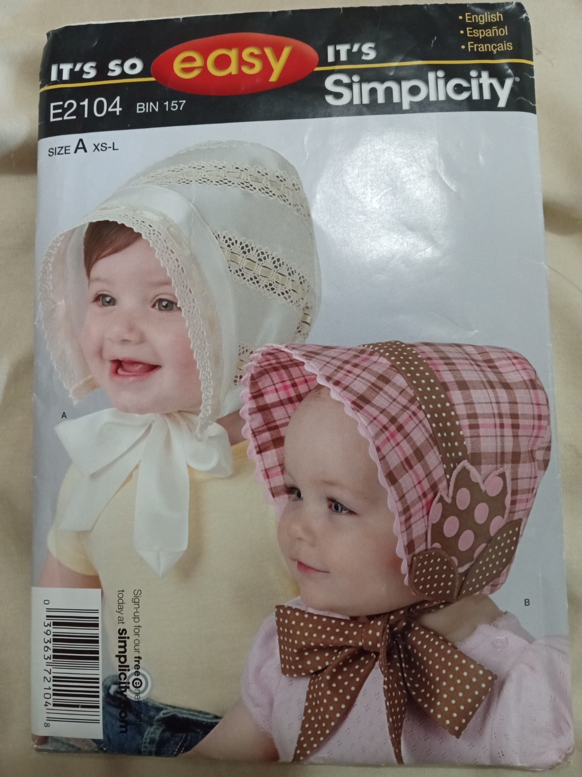 Simplicity 2104 Baby Bonnet Hat Infant Toddler Sizes XS-L Uncut