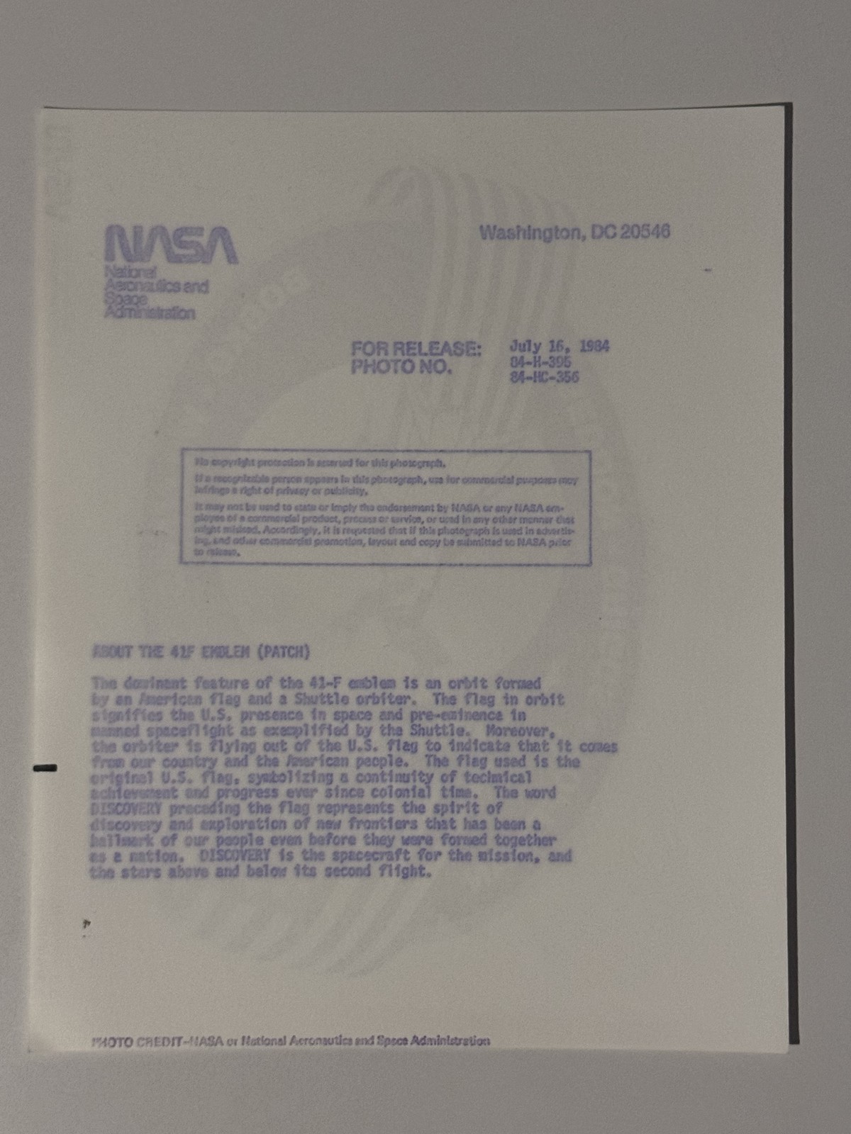NASA STS-41F Mission Patch Design Description Press Photo