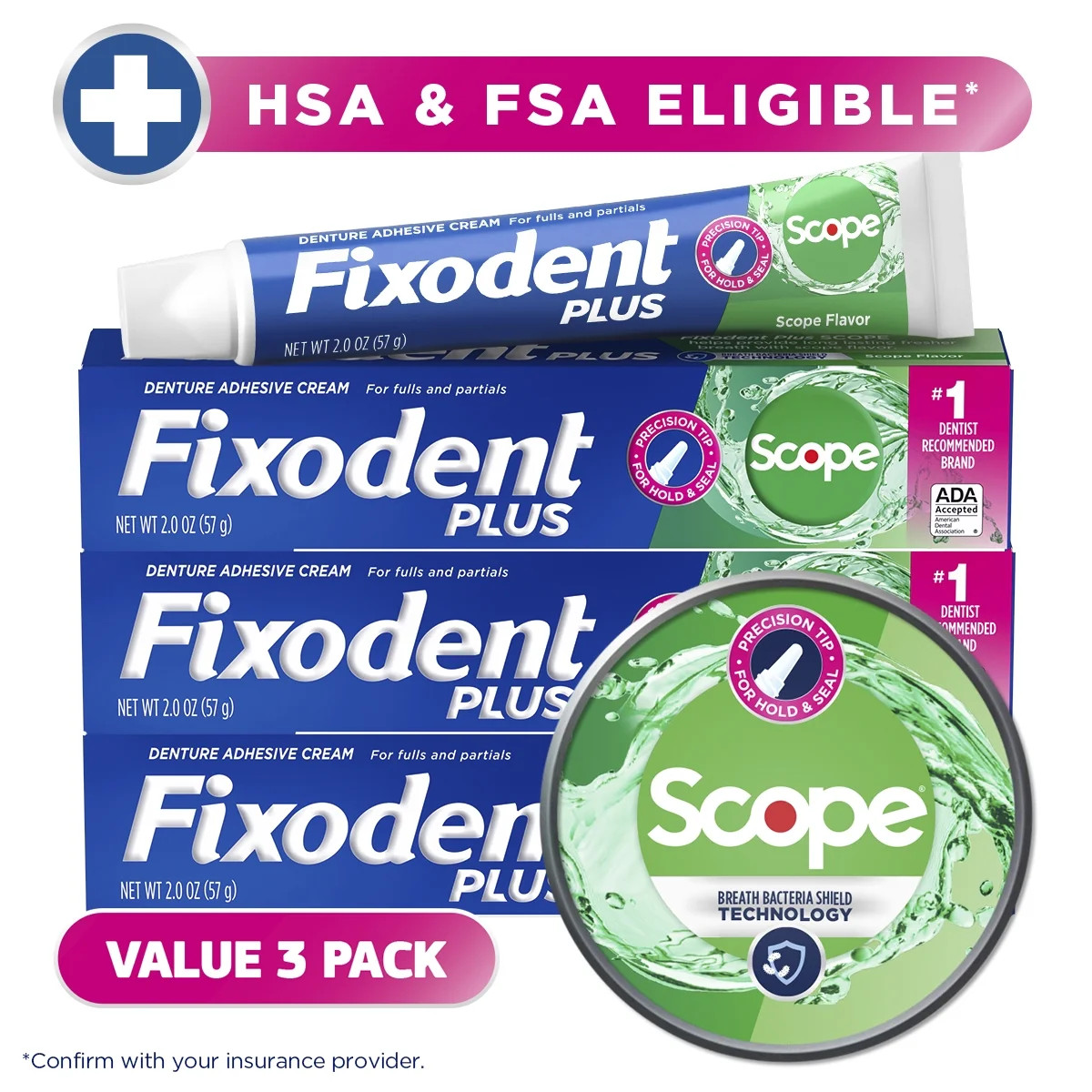 plus Scope Denture Adhesive Cream, Precision Hold, Scope Flavored, 2 Oz, 3 Pack