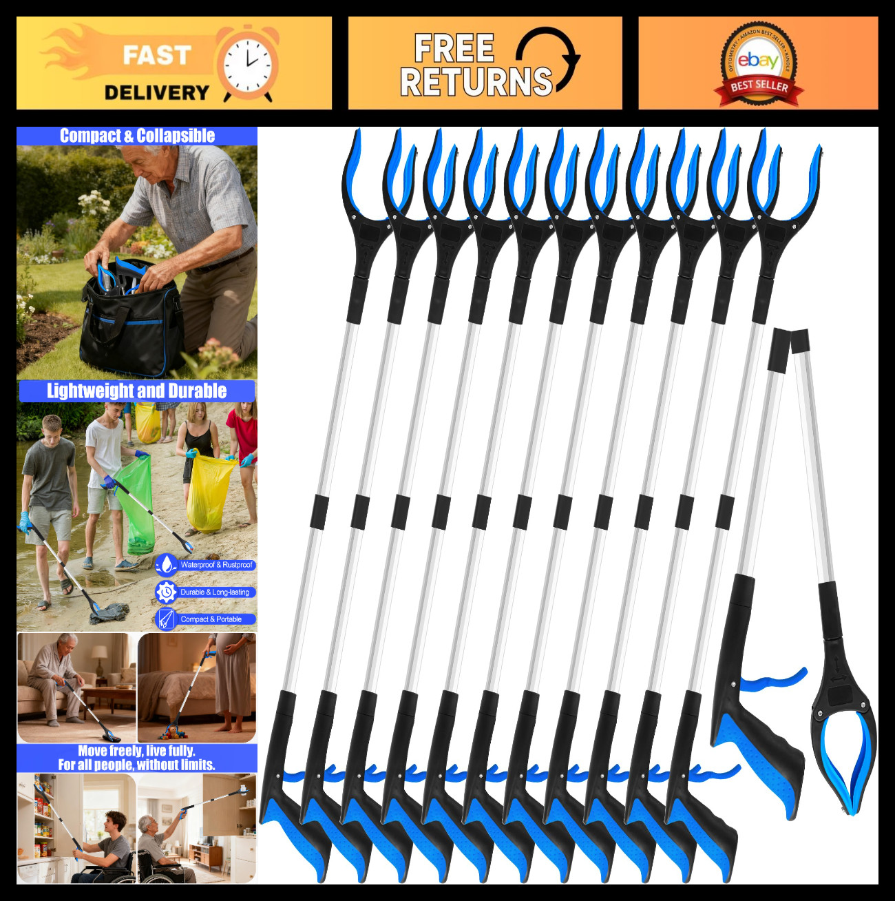 12 Pack 32" Heavy Duty Trash Grabber for Seniors, Foldable Reacher Tool, Ergonom