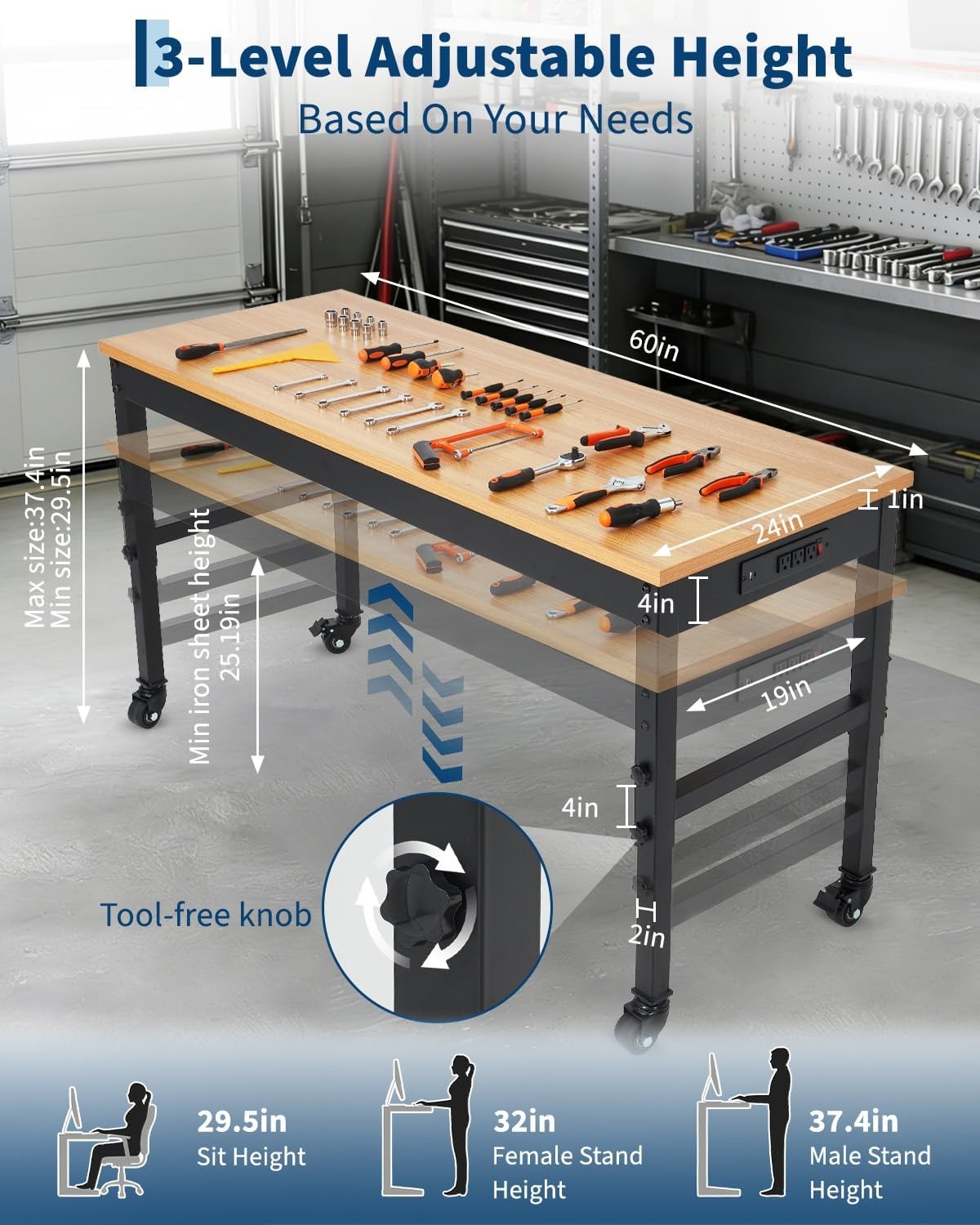 60in Rolling Garage Workbench Adjustable Tool Bench w/ Locking Wheels