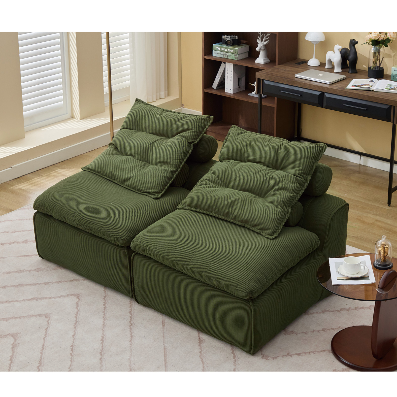 Modern Modular Sofa Fabric Pillow-Back Lounge Sofa Chair 2 Seats Sofa Bed Green