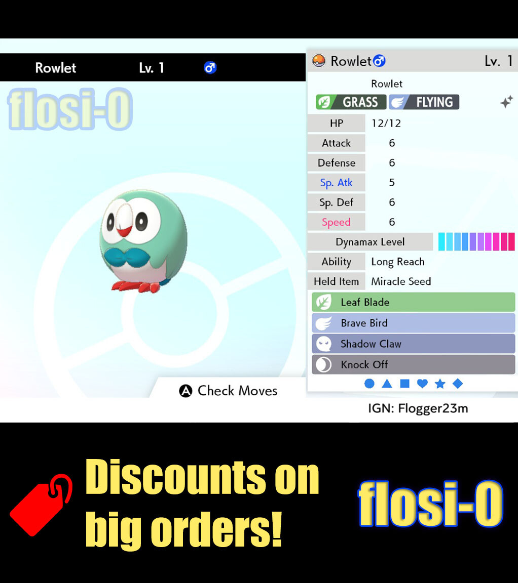 6IV Ultra Shiny Rowlet Pokemon Sword and Shield (Square Shiny)