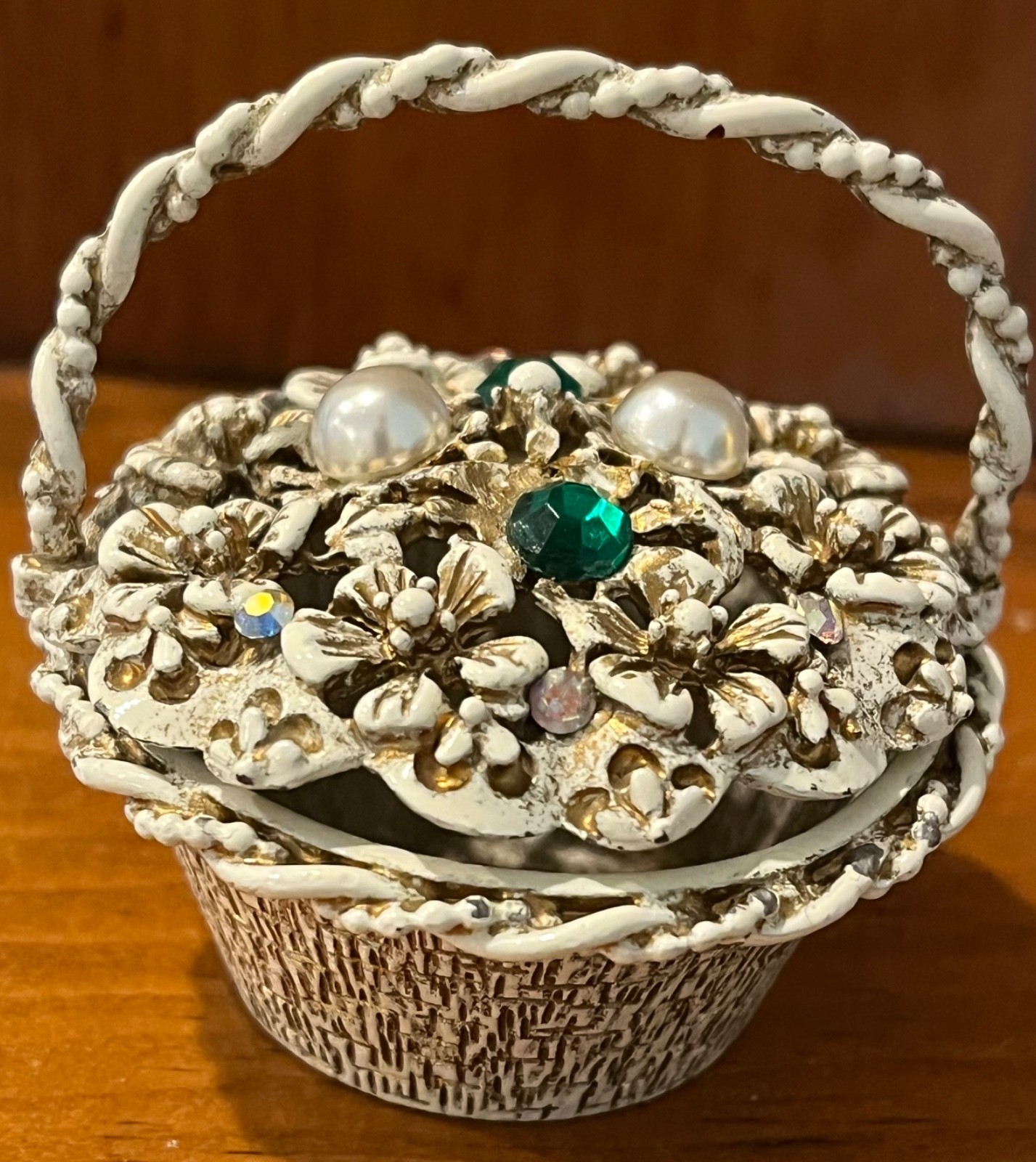Florenza White Floral Metal Basket w/Faux Pearls& Rhinestones 2”T x 2.25"W