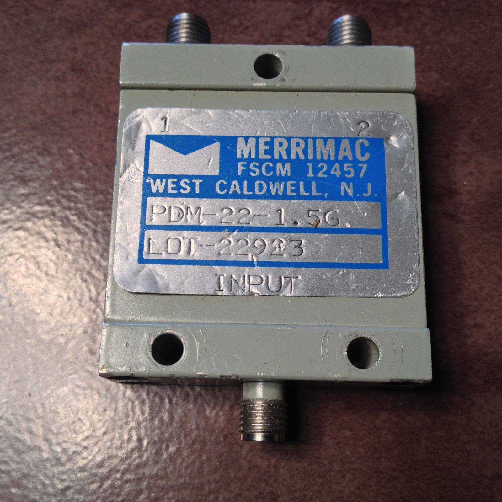 Merrimac PDM-22-1.5G Wilkinson Power Divider, 2-Way, 1-2 GHz, SMA.